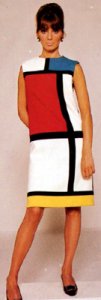 Funky, with-it clothes, influenced by Op art and Pop art, first began to appear in 1961. The look did not gain popularity until the middle of the decade, though, and small boutiques produced minis in this style to suit the increasingly adventurous tastes of its teenage buyers. Prints were freewheeling, kaleidoscopic, and psychedelic. Patterns, whether geometric or swirling florals, tended to be linear or hard-edged, outlined with black. Together, Op Art patterns and the mini became an essential part of developing the mod-girl image (Connikie, 41). Models such as Twiggy and Jean Shrimpton became personifications of the mod-girl look. See-through clothes also hit the boutiques in the mid-sixties. This wacky idea began in France Yves Saint-Laurents discovery of sheer shirts. The clear idea was also put into fashion using the already daring minidress made even more provocative by large see-through shaped introduced into the body of the garments. Some of these innovative clothes were made of transparent plastic materials. Boutique fashions also included dresses made out of strips of plastic set with battery-operated lights; skirts fashioned from counterfeit dollar bills; and doit-yourself dresses of plastic and metal rings. 