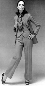 In the 60s, pants became an accepted fashion garment for women. Although Courreges launched the trouser-suit for women in 1964, they did not become popular until the end of the decade. At this time, styles like hipsters, bell bottoms and sailor trousers were popular. Pants for women were part of the new unisex fashion style that was becoming popular and the distinction between men and womens clothing became less and less. Trouser suits were created in the same style as mens, with somber colors and pinstripes. 