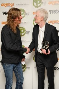Opeth's Mikael Åkerfeldt presenting PETER HAMMILL with the Visionary Award at the inaugural Prog Awards at Kew Gardens, London on September 5, 2012. Photo: Ben Pruchnie