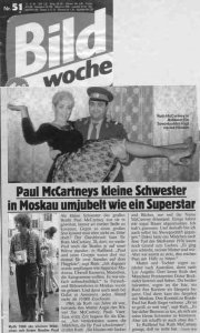 Als kleine Schwester des großen Beatles Paul McCartney war sie es gewohnt, immer an zweiter Stelle zu kommen. Gegen so einen großen Star kommt man eben nicht an. Oder doch? Der Durchbruch kam für Ruth McCartney, 28, dort, wo weder Paul noch die Beatles je auf einer Bühne standen: in Rußland. �Paul und seine Gruppe waren dort nur einmal für zwei Stunden auf dem Flugplatz�, sagt Ruth. �Ich dagegen wurde empfangen wie Superstar Madonna. Überall Kameras, Menschen, die Autogramme wollten. Es war einfach unbeschreiblich.� In Fernseh � und Bühnenshows in Moskau wurde sie gefeiert. Und dann auch noch bei Galas in Armenien: jeden Abend mehr als 10 000 Zuschauer.