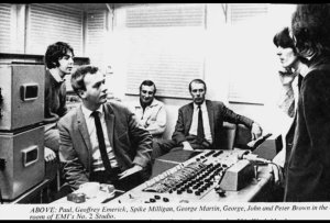    * ABOVE: Paul, Geoffrey Emerick, Spike Milligan, George Martin, George, John and Peter Brown (?) in the room of EMI's No. 2 Studio / February 1968.