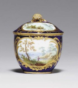 A SEVRES BLEU LAPIS SUGAR-BOWL AND COVER (POT A SUCRE 'BOURET' ET SON COUVERCLE, 2EME GRANDEUR), BLUE INTERLACED L'S ENCLOSING DATE LETTER F FOR 1758-1759 AND WITH A DOT TOP AND BOTTOM OF THE ENCLOSURE, PAINTER'S MARK POSSIBLY FOR YVERNEL, INCISED L | Christies