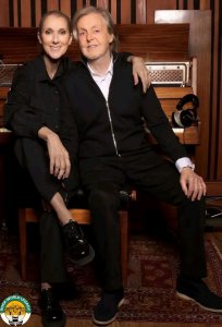 📷Paul McCartney and Celine Dion sitting together in a recording studio.