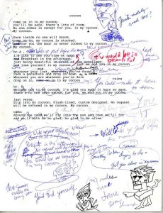 Cocoon lyrics with Mark�s hand-drawn doodles and notes. He loved performing and traveling the world with Morphine, but he also loved to cocoon when he came home. The loft was both Mark's home and studio where music was always happening, tape running, friends dropping by at all hours, lots of cooking. The lyrics speak to the joys of coming home to loved ones after months on tour. 