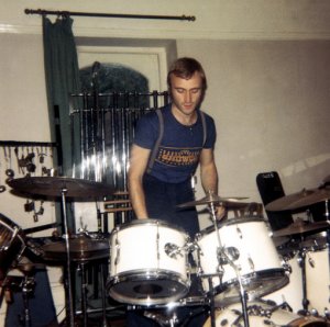 Collins and his left-handed drum kit in the early 1970s. He became the group's fourth drummer in 1971. Five years later he became their lead singer after Peter Gabriel quit.