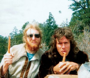 The group's longtime friend and road manager Richard Macphail (left) and Tony Banks (right) in the early 1970s. Macphail met the band at Charterhouse boarding school in the mid 1960s. He stayed with them until 1973.